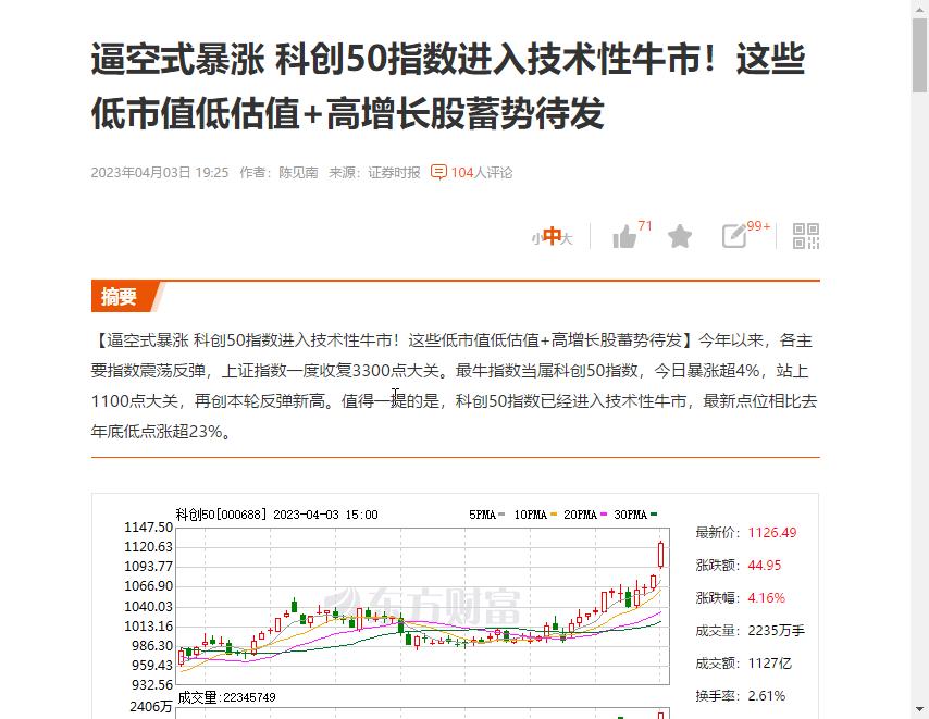消息：【逼空式暴涨 科创50指数进入技术性牛市！这些低市值低估值+高增长股蓄势待