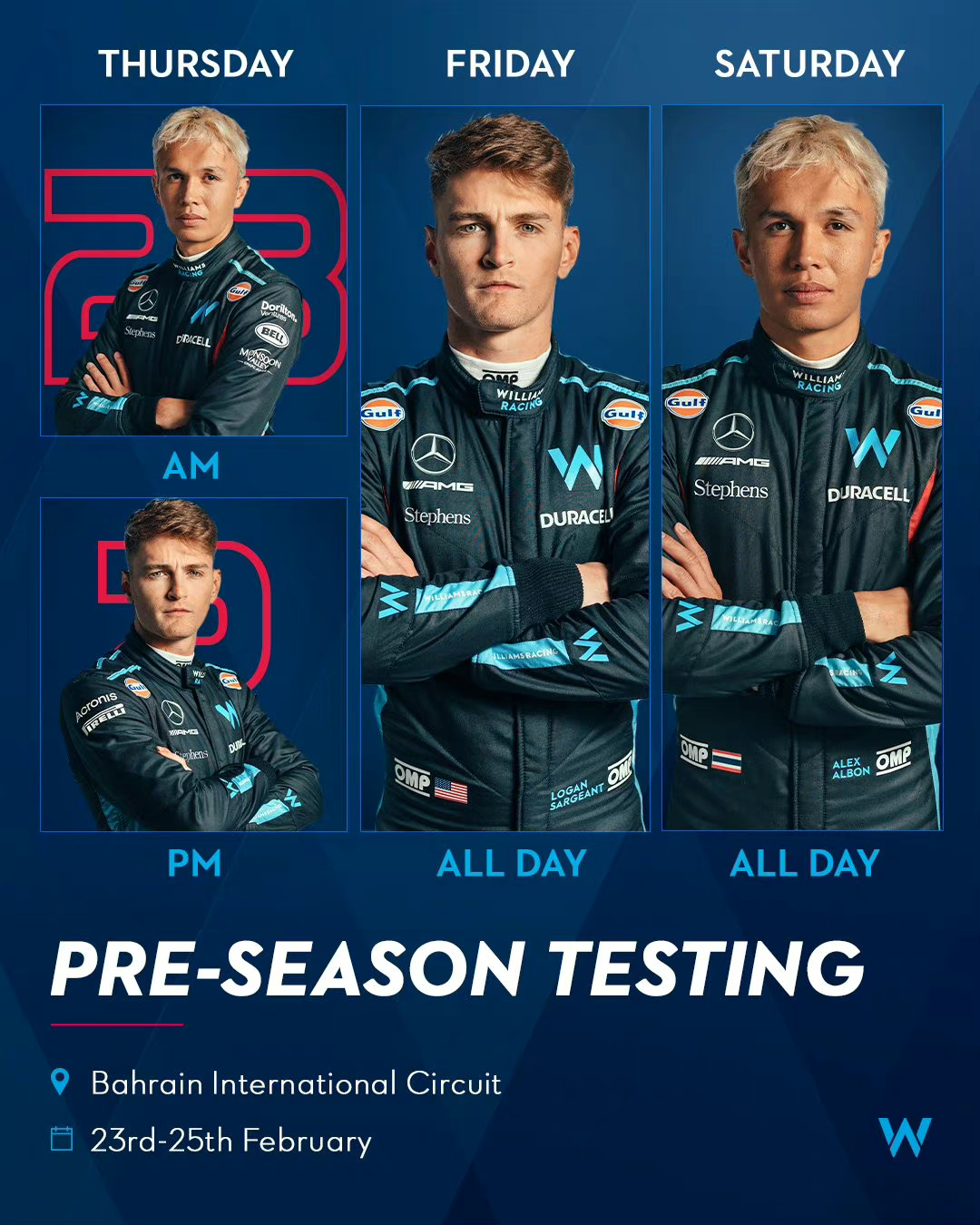 💙威廉姆斯车队💙巴林季前周四~周六测试车手#F1##赛车##Car时尚# ​