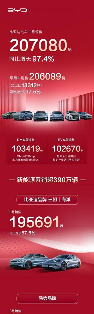 3月交付量：

-比亚迪，207,080辆（王朝/海洋，195,691辆）
-埃