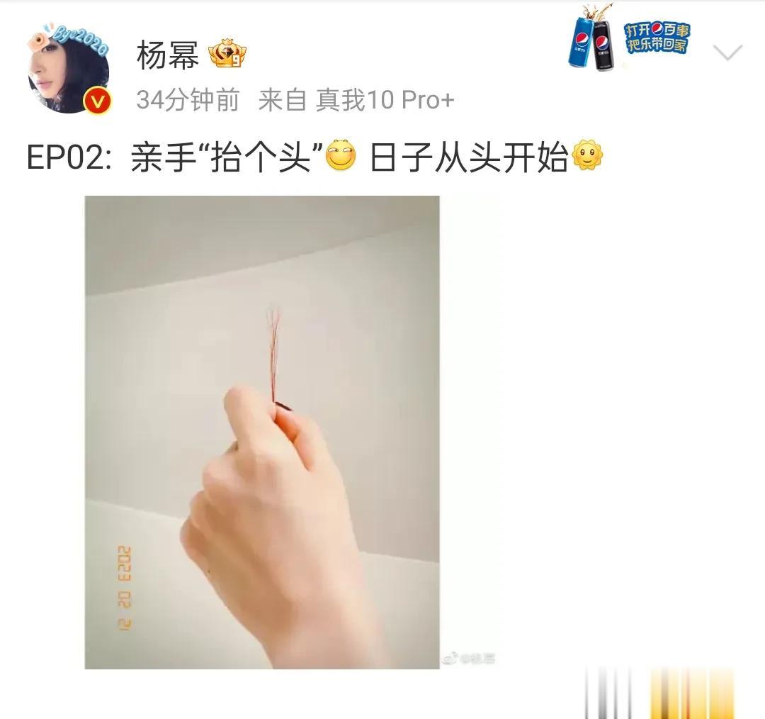 杨幂二月二晒出了自己的一撮头发，揭秘自己染的是红发，还配文说“亲手“抬个头”[我