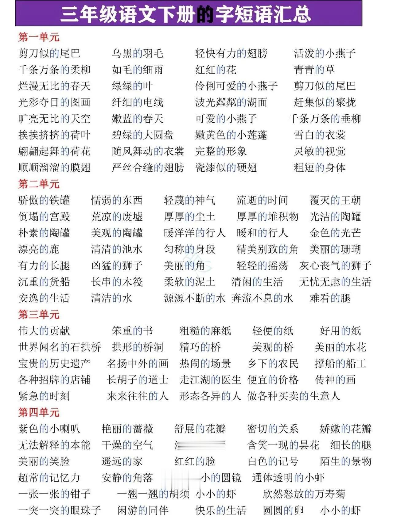 三年级语文下册课内 “的” 字短语汇总。三年级下册语文1-8单元的字短语大全，家