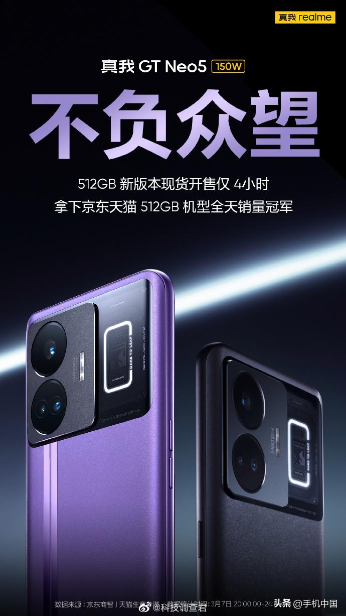 真我GT Neo5 150W 512G 新版本，开售 4 小时拿下京东天猫 51