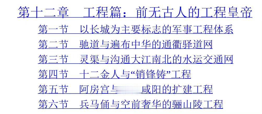 六大工程奠定秦始皇基建狂魔的地位
目录来自张分田先生《秦始皇传》 ​​​