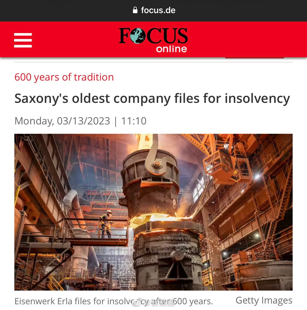 Eisenwerk Erla炼铁（钢）厂，德国萨克森州有600年历史的企业破产。
