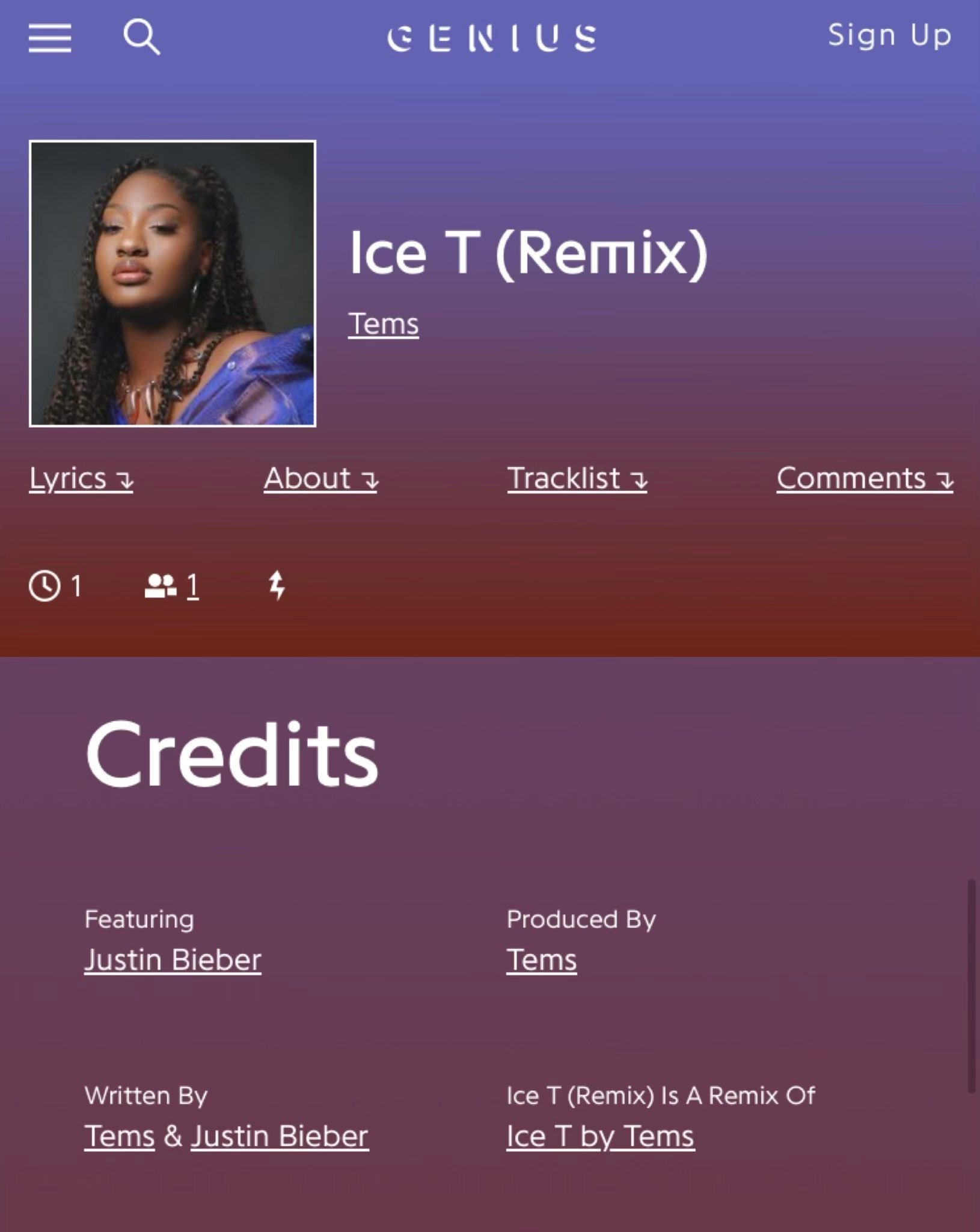  •  Tems ✖️ Soon？在Genius上顯示《Ice T》Remix的