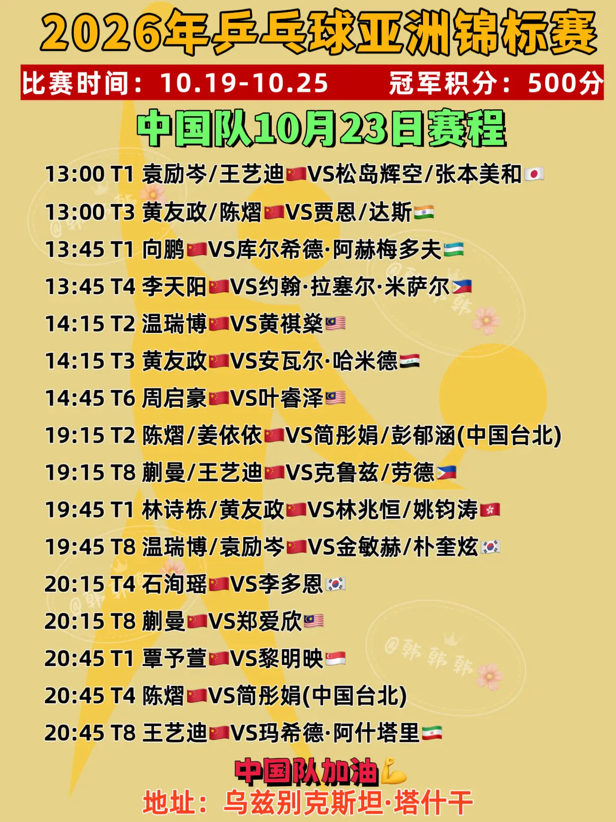 2026年亚锦赛。10月23日中国队赛程 中国队加油