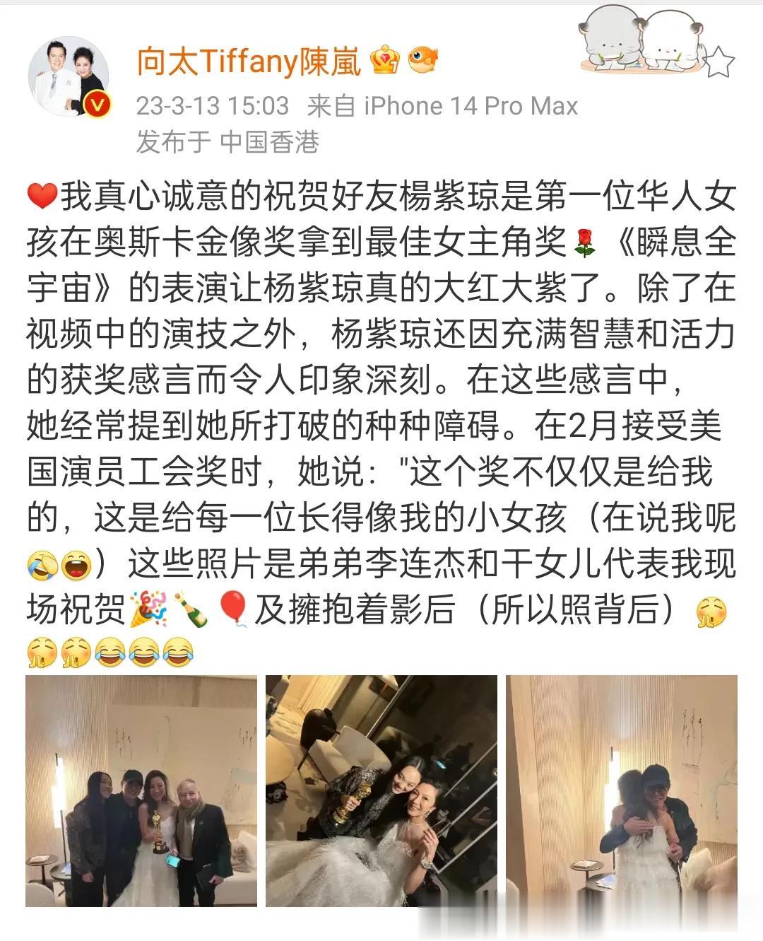 向太陈岚祝贺好友楊紫琼在奥斯卡金像奖拿到最佳女主角奖，而且还分享了李连杰现场祝贺