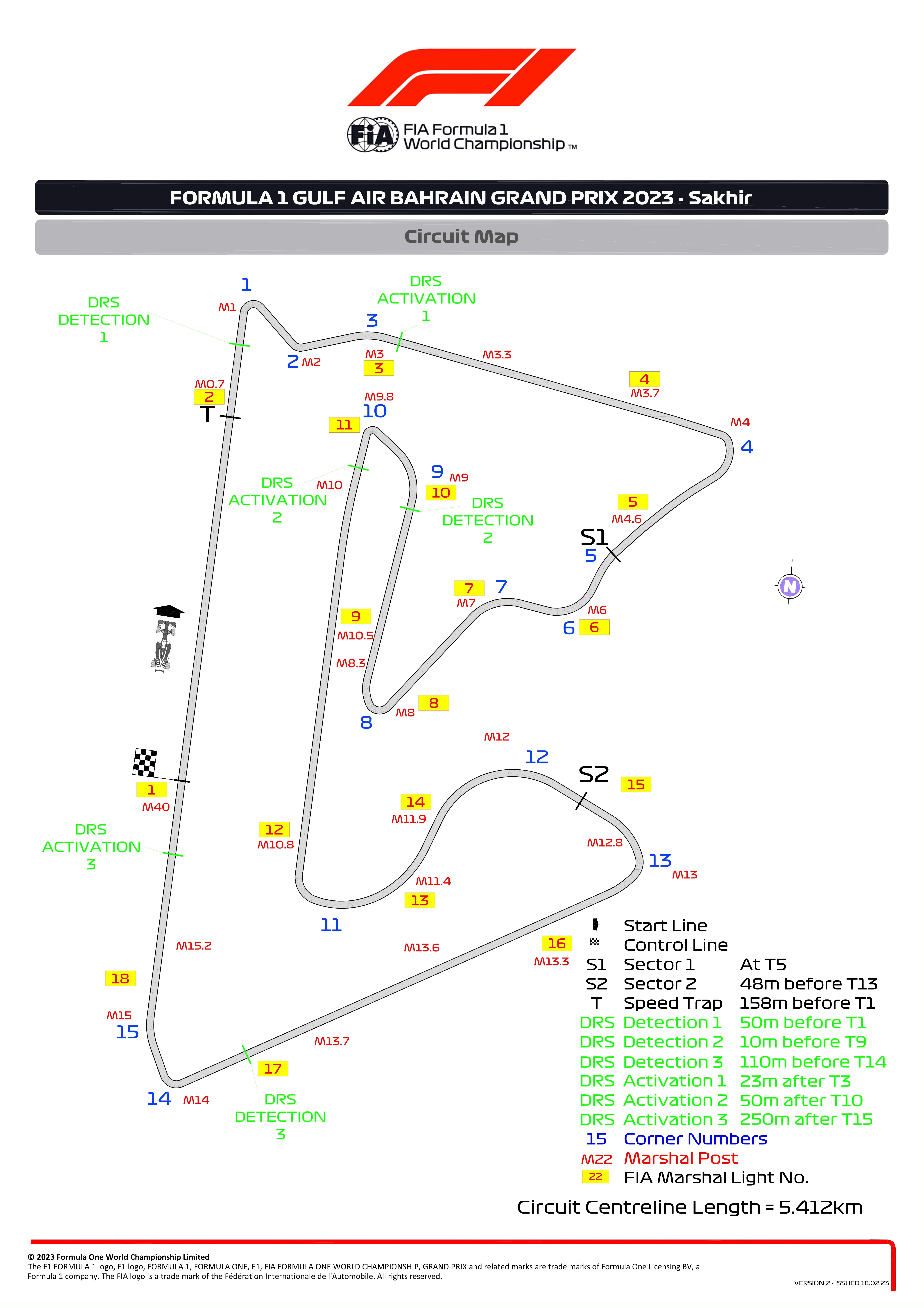 2023赛季首站巴林官方赛道图发车区直道DRS激活区延后80米#F1##2023