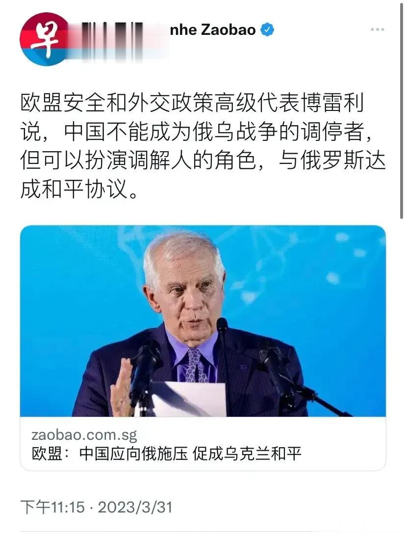 外媒报道，“欧盟安全和外交政策高级代表博雷利说，中国不能成为俄乌战争的调停者，但