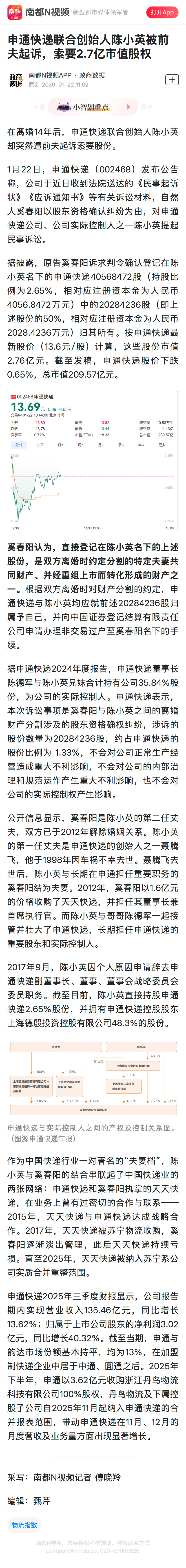 #申通创始人陈小英被前夫起诉#【申通快递联合创始人陈小英被前夫起诉，索要2.7亿