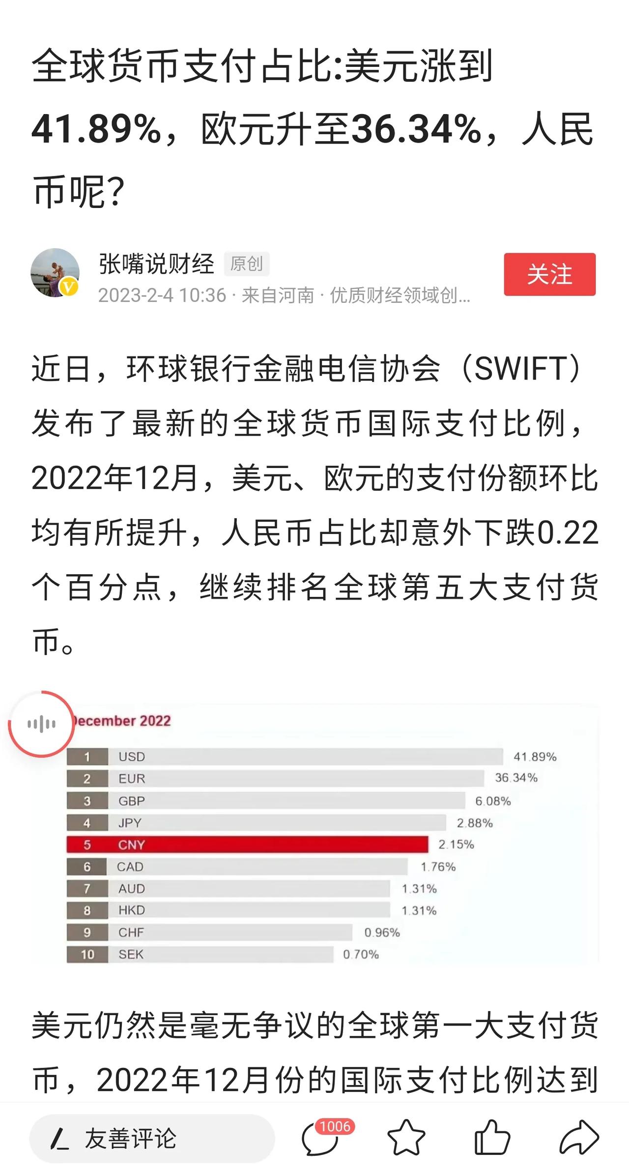国际支付，美元、欧元份额上升，人民币小幅下降。原因主要是，1、外贸需求减弱，进口