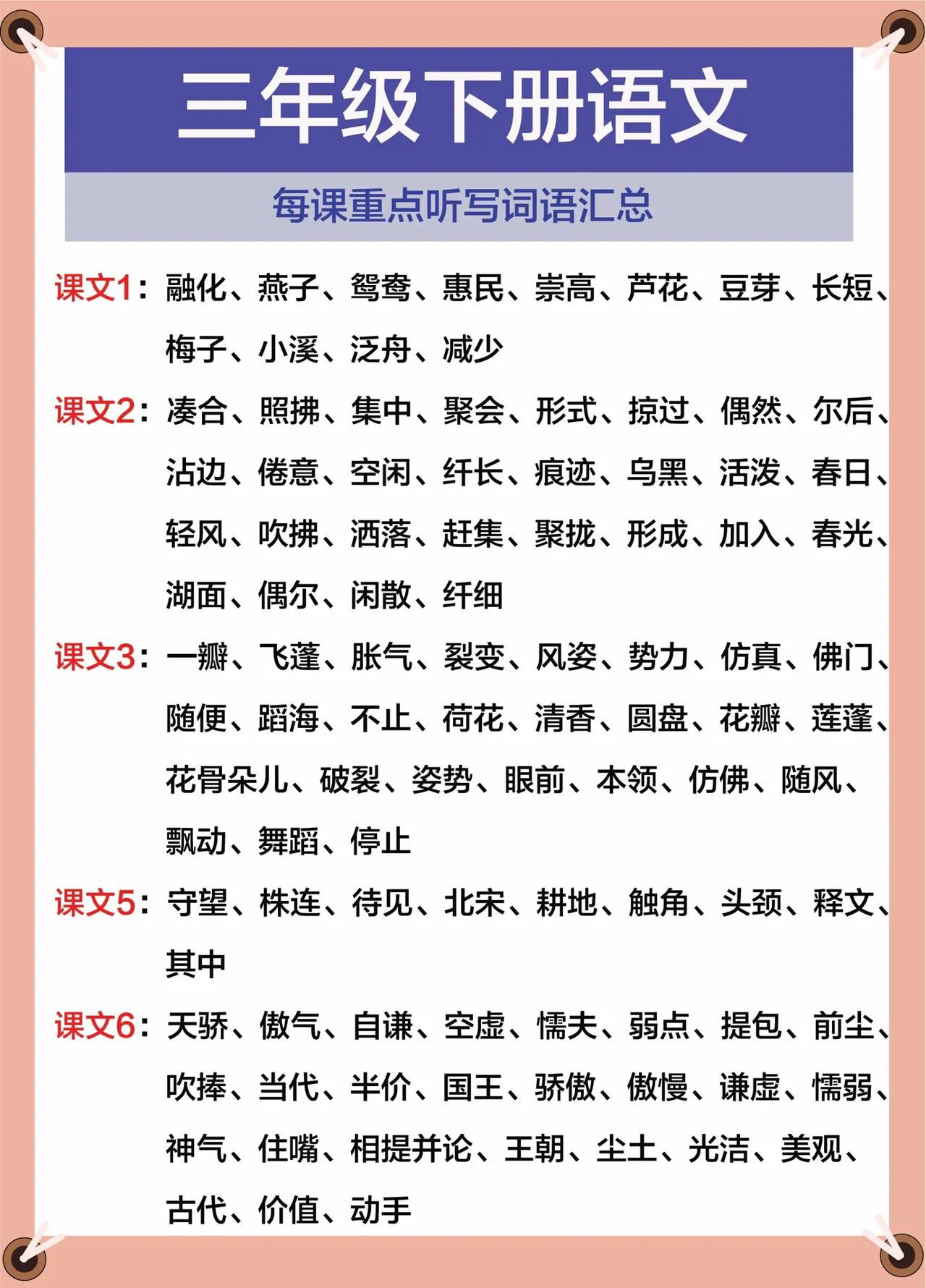 新学期重磅整理，三年级语文下册每课重点听写词语汇总。
开学了，孩子们进入三年级了