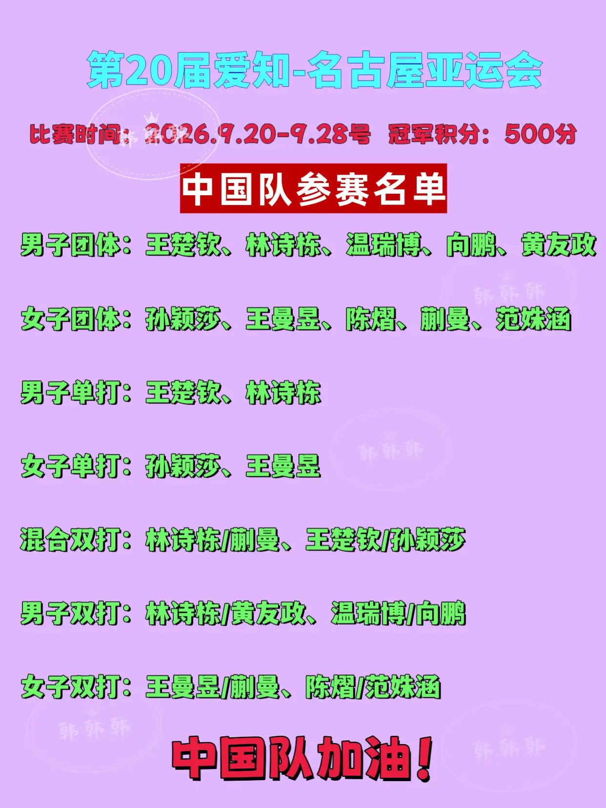 名古屋亚运会。 2026年爱知名古屋亚运会官网显示，中国队男双组合更改...