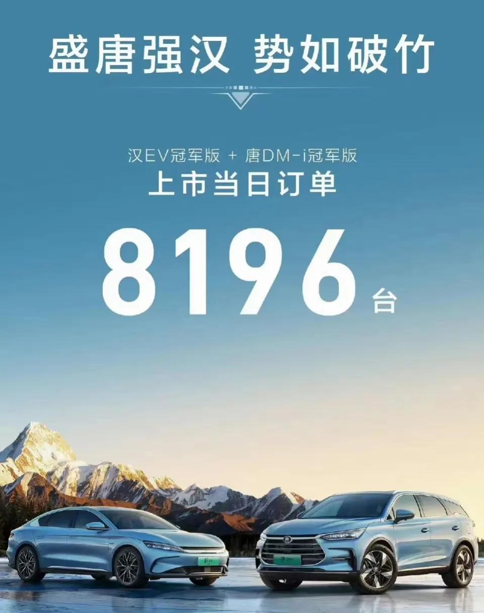 比亚迪汉/唐冠军版上市当天订单8196台，这确实有点不可思议了。话说之前几个合资
