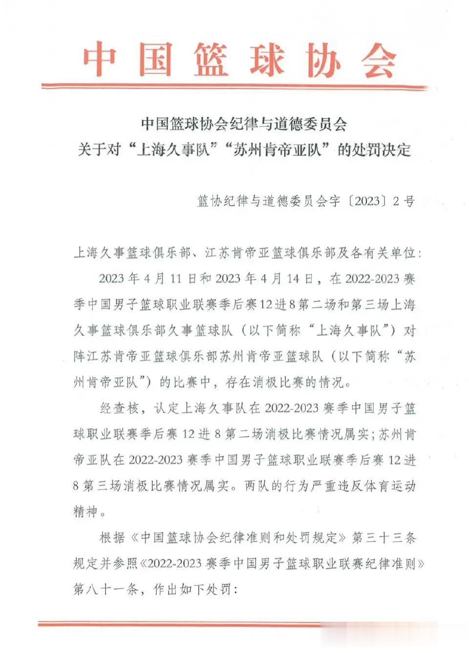 中国篮球协会纪律与道德委员会关于对“上海久事队”“苏州肯帝亚队”的处罚决定 ​​