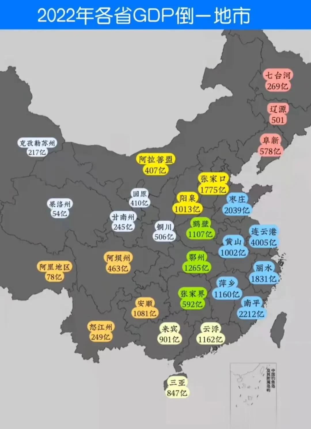2022年各省GDP倒数第一的城市

矮子里面拔高个，“大哥”连云港以4005亿