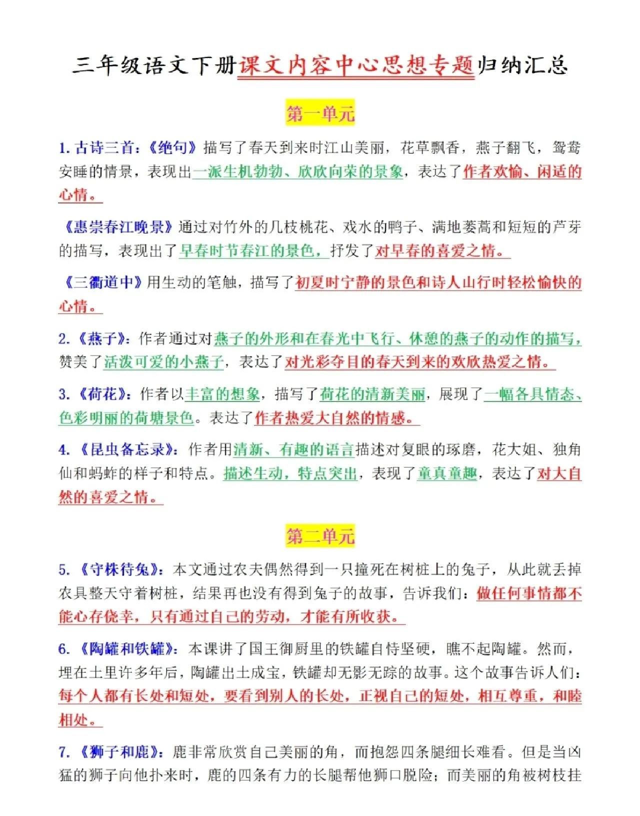 三年级下册语文中心思想➕配套填空重磅🔥今日新更三年级下册语文中心思想➕三年级下