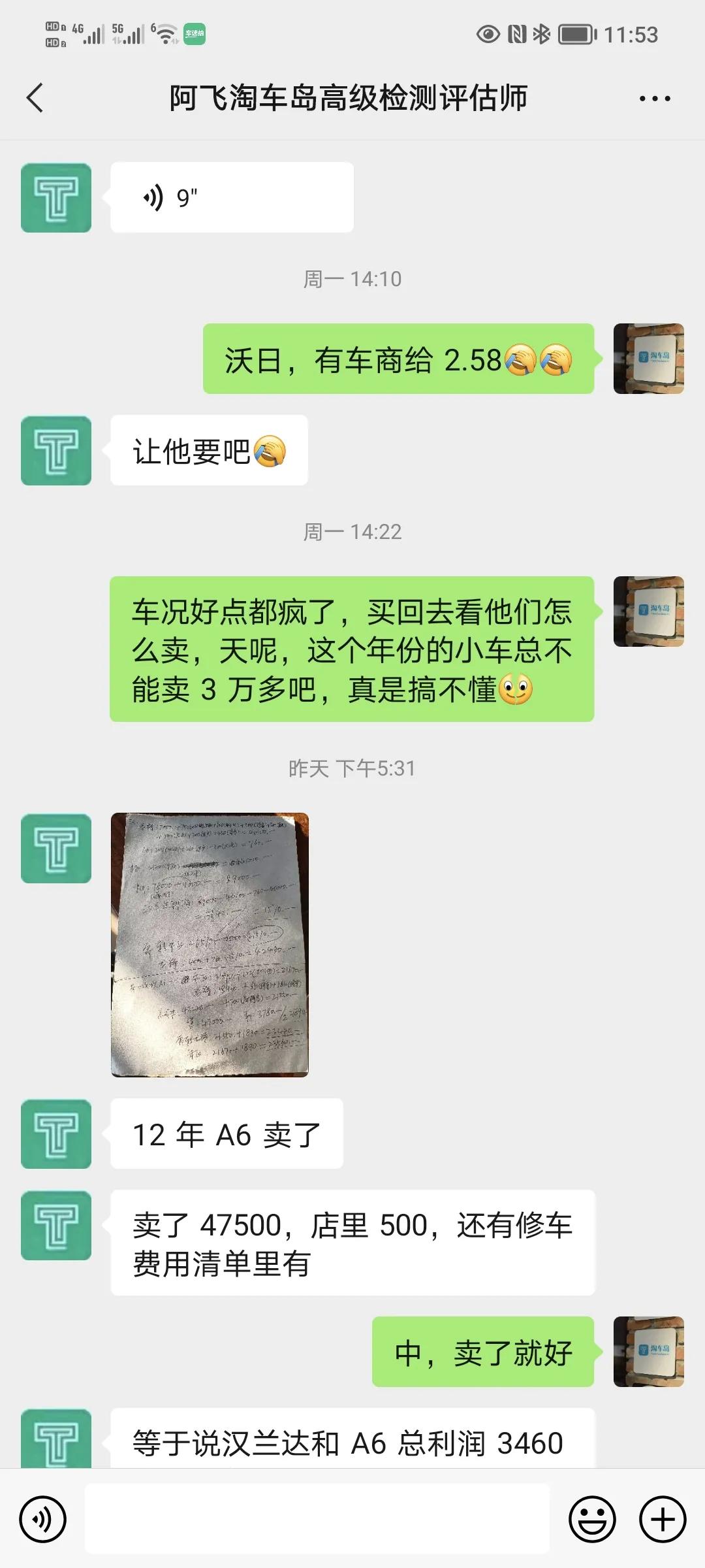 一个汉兰达一个置换的奥迪a6，从去年卖到今年，两台“大爷”毛利3460人民币，不