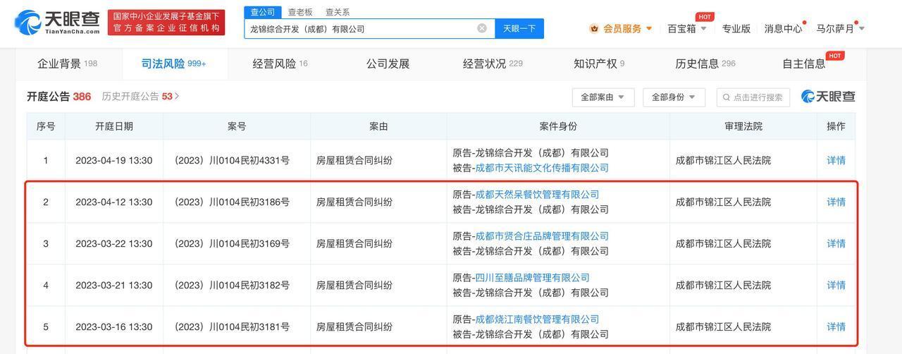  据天眼查显示，近日，成都IFS运营主体龙锦综合开发（成都）有限公司新增多则开庭