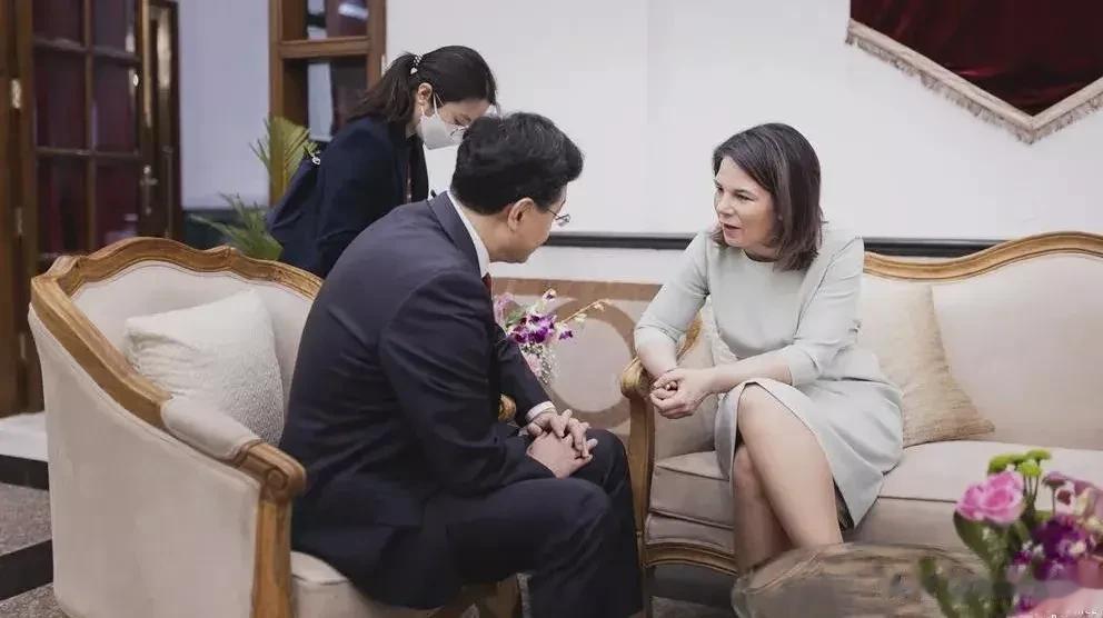 这是一张没有公开发布的照片，今天的G20外长会议期间，德国外长贝尔博克在茶歇期间