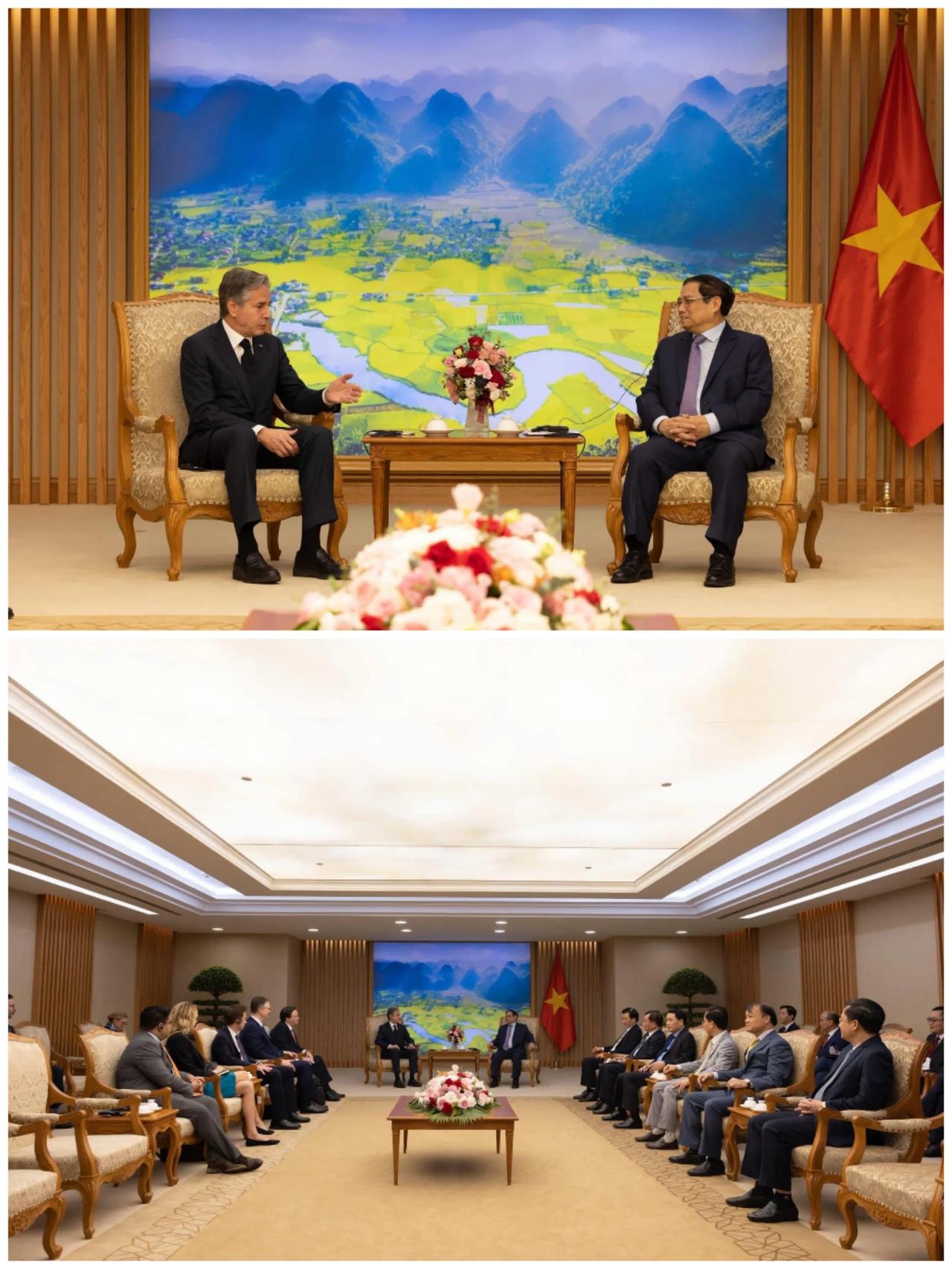 美国国务卿布林肯会见越南总理范明政时，大家注意到没有，背景只有越南国旗，没有美国