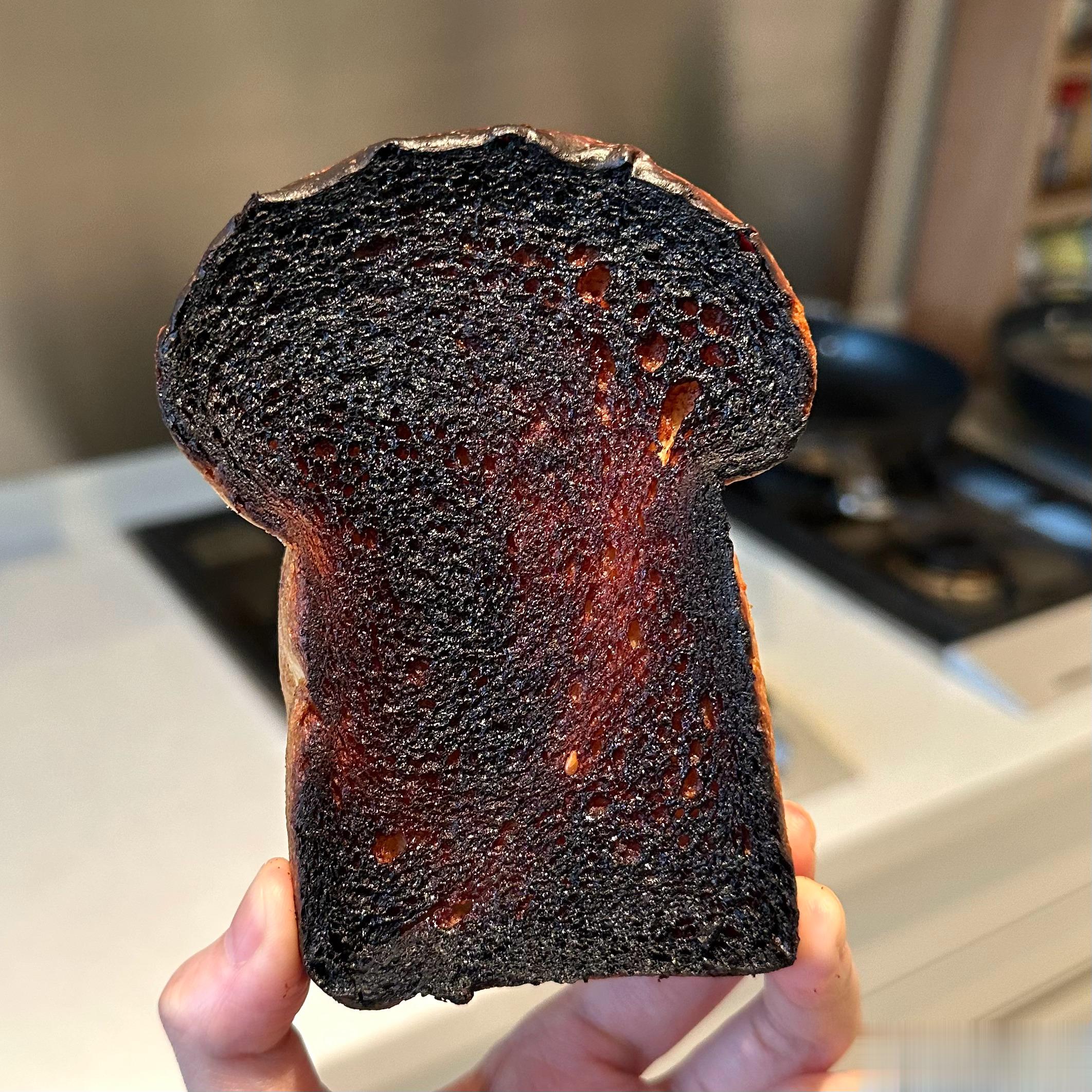 一片悲伤的吐司🍞还好切掉了 可以吃（不过最好焦了还是别吃[允悲][允悲][允悲
