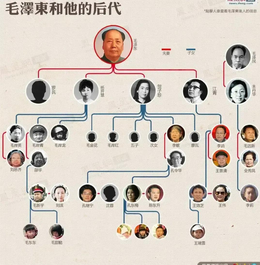 毛家后人一览图

毛主席有六个儿子，三个侄子，他的第二代可谓是人丁兴旺，但他们时