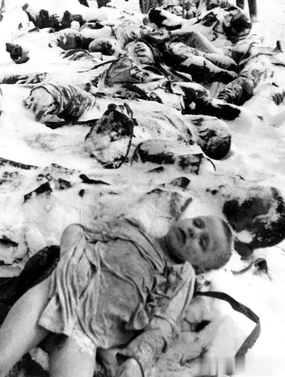 这是1942年，苏联克里米亚的刻赤，被纳粹屠杀的苏联百姓的尸体，照片中，苏联百姓