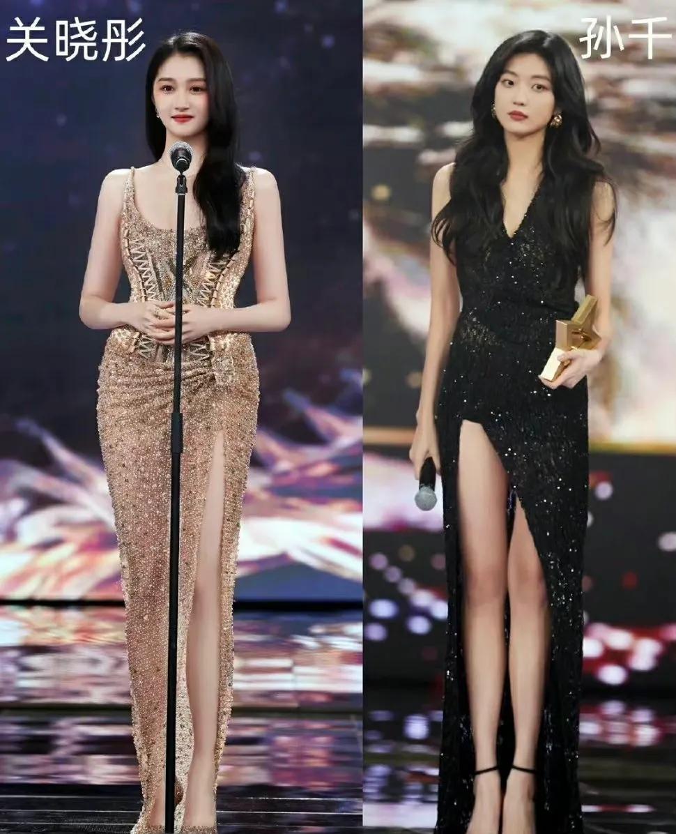 娱乐圈长腿美女关晓彤和孙千，关晓彤号称娱乐圈“腿神”，又长又直令人羡慕，最近又有