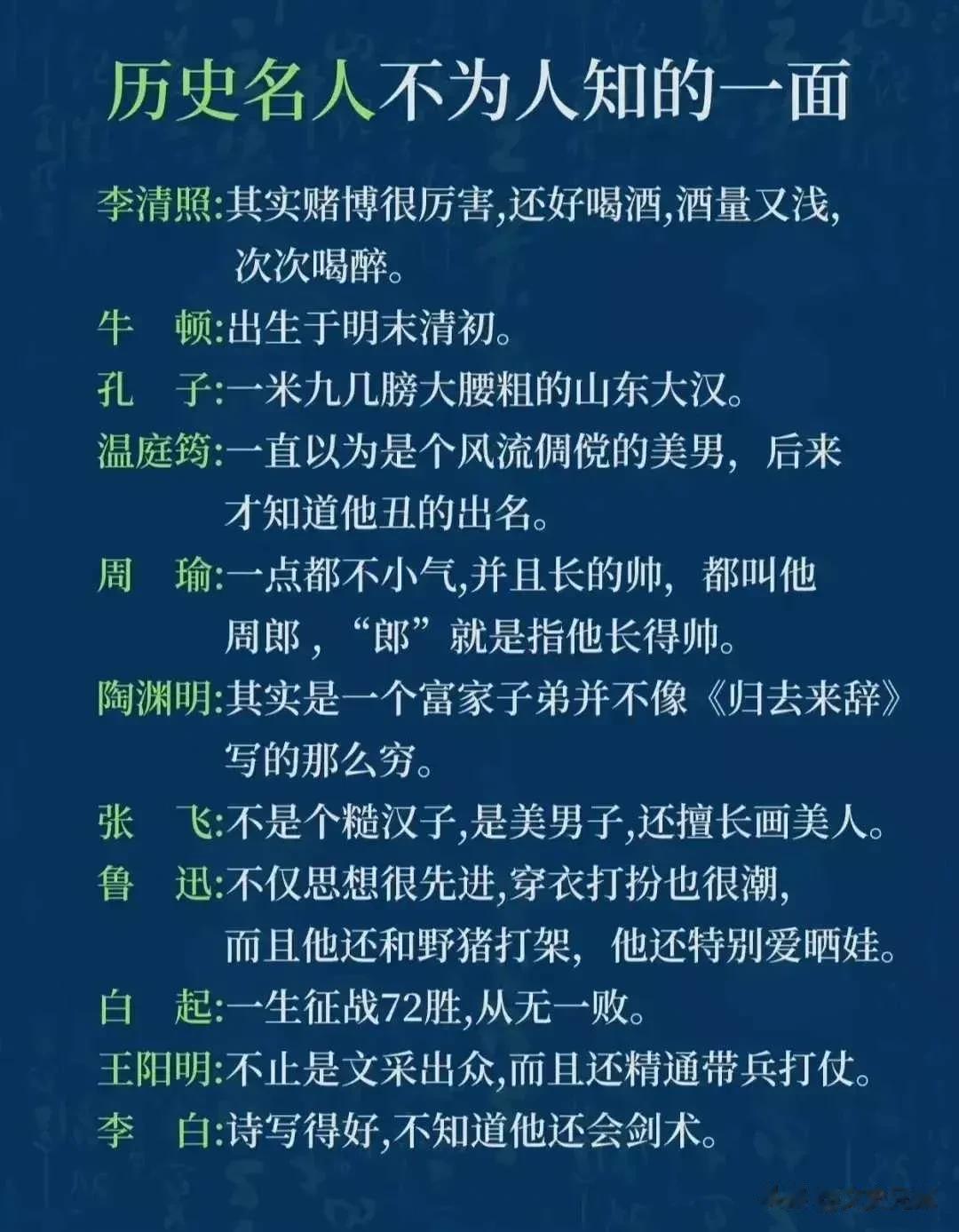 
历史名人不为人知的一面
李清照：其实赌博很厉害，还好喝酒，酒量又浅，次次喝醉