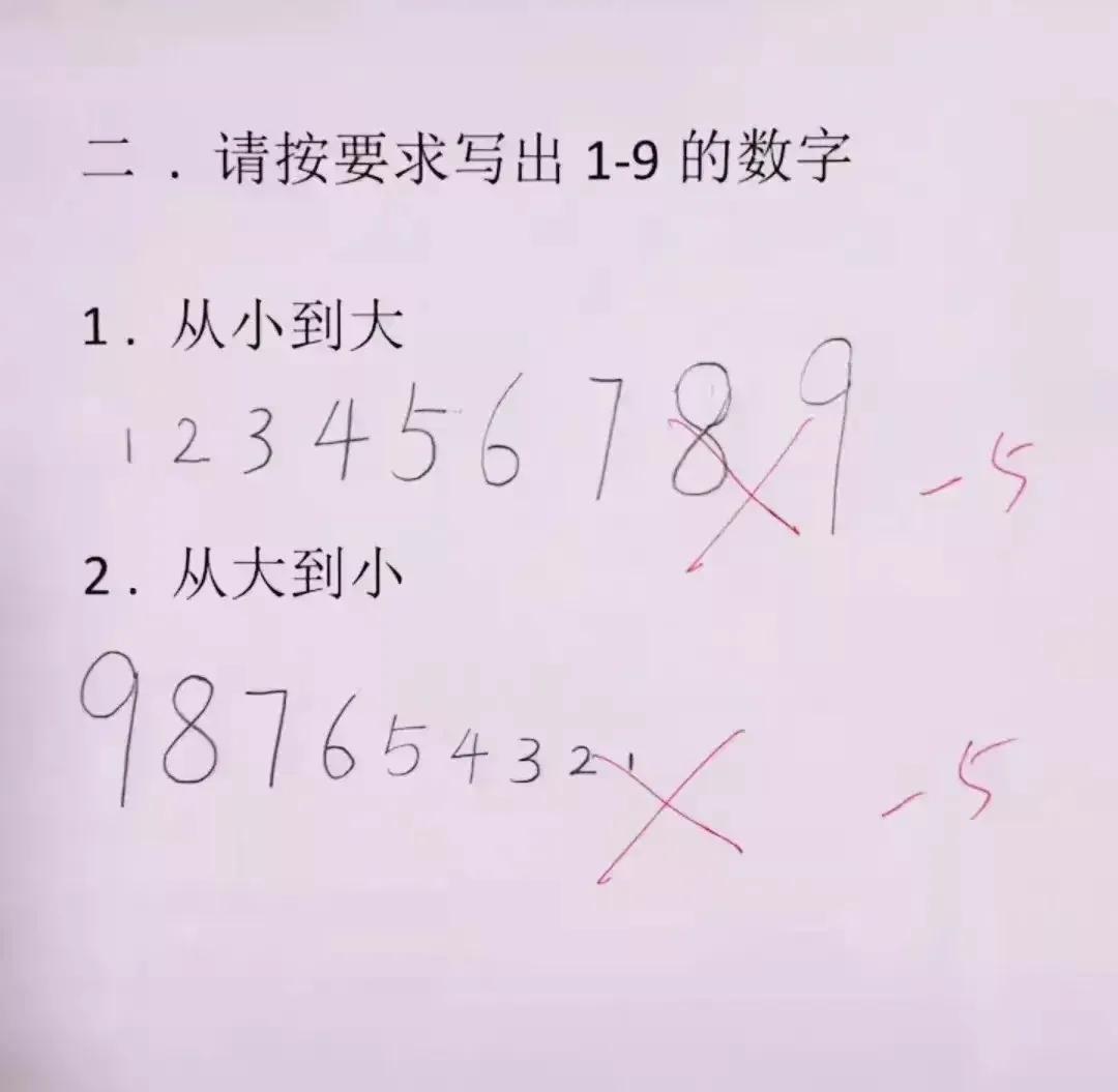 来自四川一位爸爸发文，在看孩子的试卷时，疑惑了，题目是“请按要求写出1-9的数字
