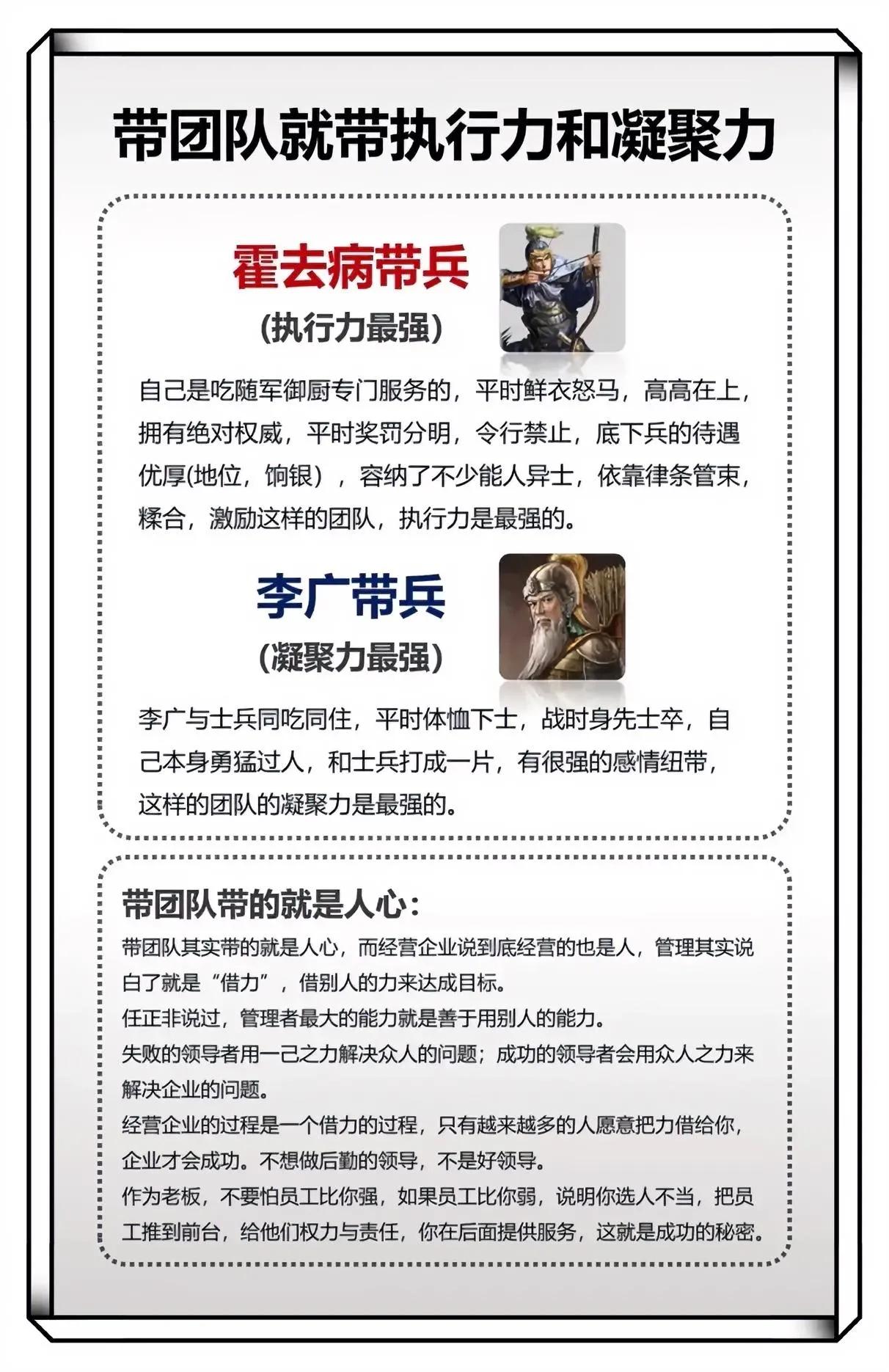 如果你是领导，你想采用哪种方式带兵？

是霍去病模式看重执行力还是李广模式看重凝