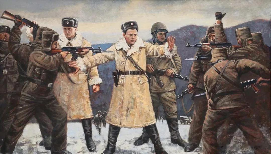 前苏联画家画的当年珍宝岛冲突的油画，画中的前苏联军人稳站C位，正义凛然，严重歪曲