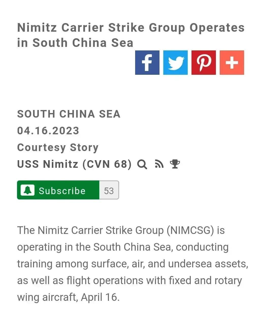美国海军尼米兹号航母打击群再次进入中国南海进行作战训练。
        4月1