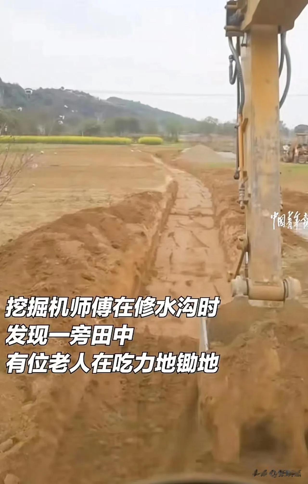 湖南永州，大妈在田里吃力锄地，一个挖斗突然“从天而降”，把她看懵了！正当大妈疑惑