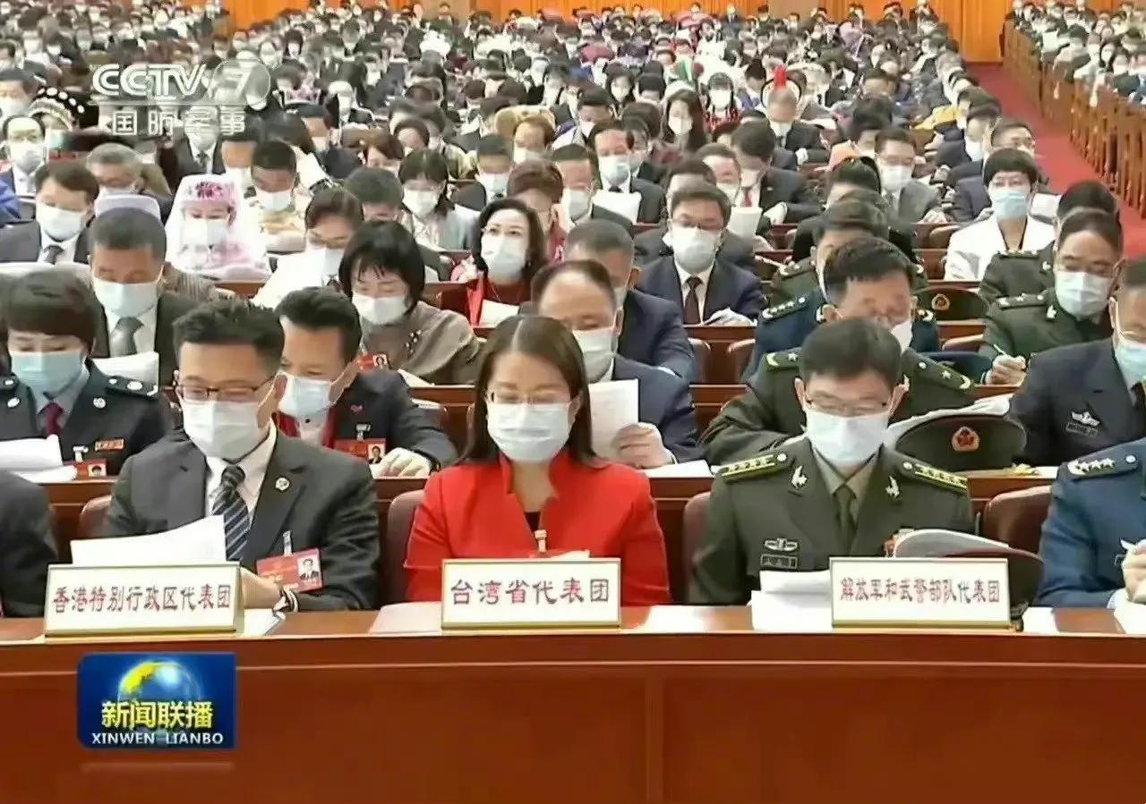 今年人大会议上的台湾代表团，红色衣服十分显眼。左边是武警部队代表团，右边是香港特