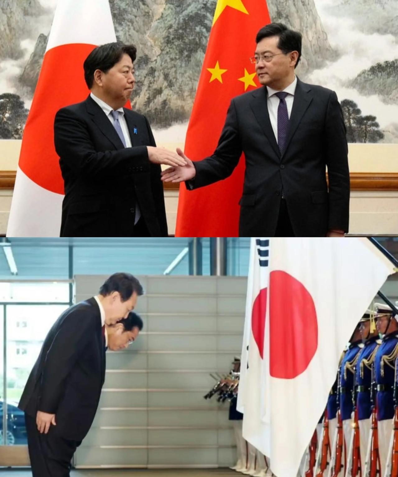 一图看懂大国与小国的区别：中国外长冷对日外相VS韩国总统鞠躬膏药旗。

下面这张
