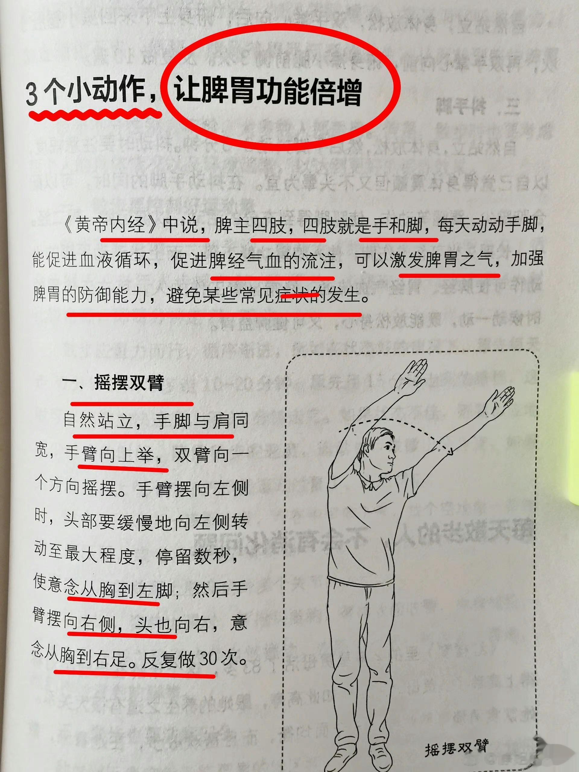 四个个小动作，让脾胃功能倍增！|||1⃣摇摆双臂2⃣擦腿运动3⃣抖手脚4⃣按摩腹