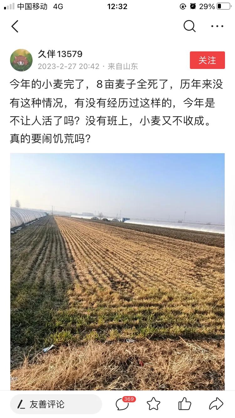 关于北方小麦大面积死亡这个事，不晓得是不是真的，但是，我觉得政府要引起重视，抓紧