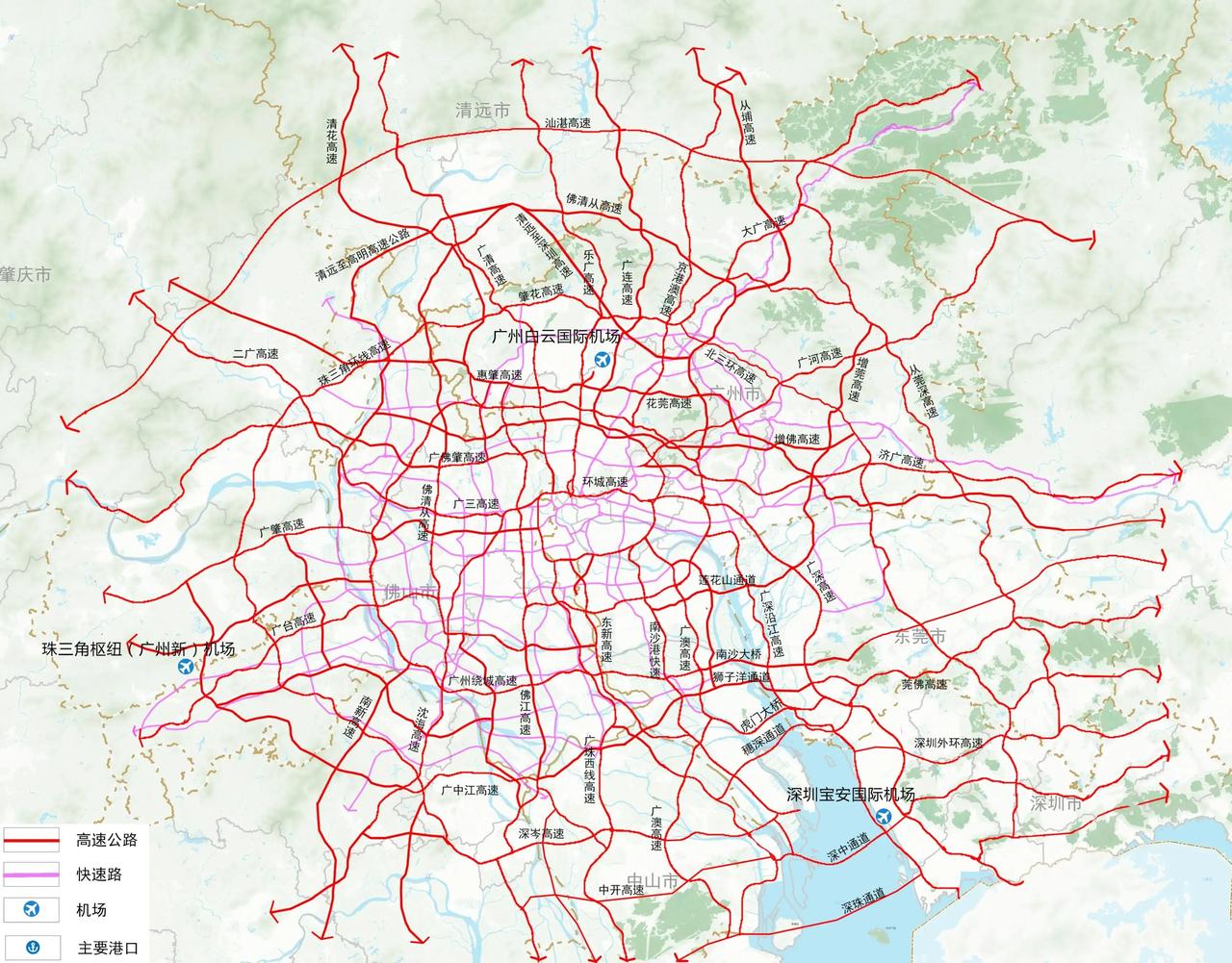 恐怖的珠三角广佛地区高速和快速路路网图！

广东省的交通太厉害了，高速公路里程第
