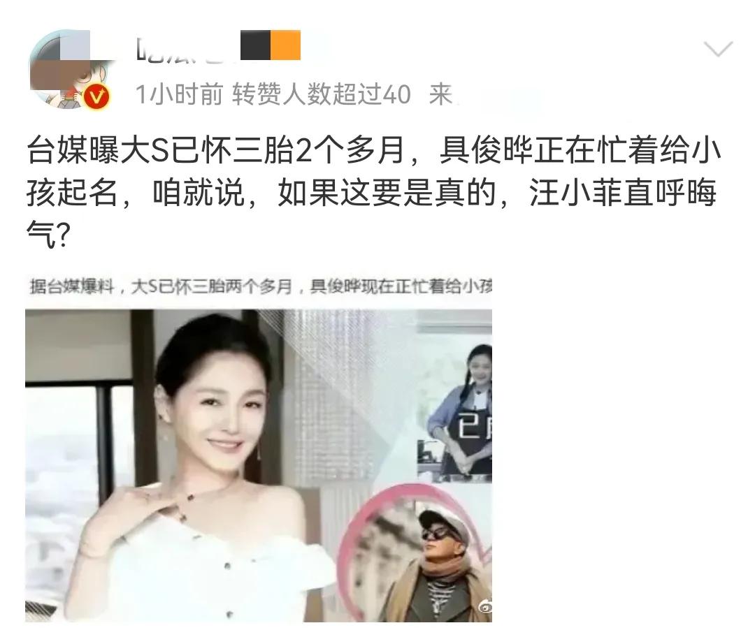 大S疑怀上三胎，老公具俊晔正在忙着给孩子取名字

2月6日深夜，大S传来喜讯，据