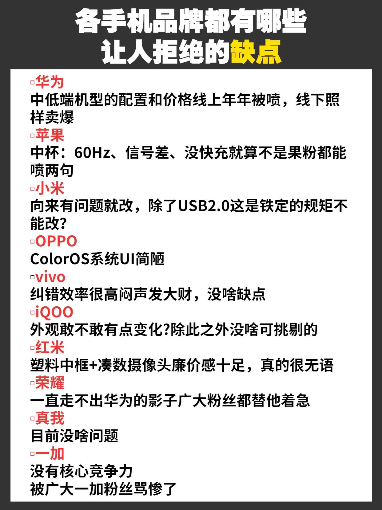 各大手机品牌都有那些让人拒绝的缺点 数码 #手机品牌