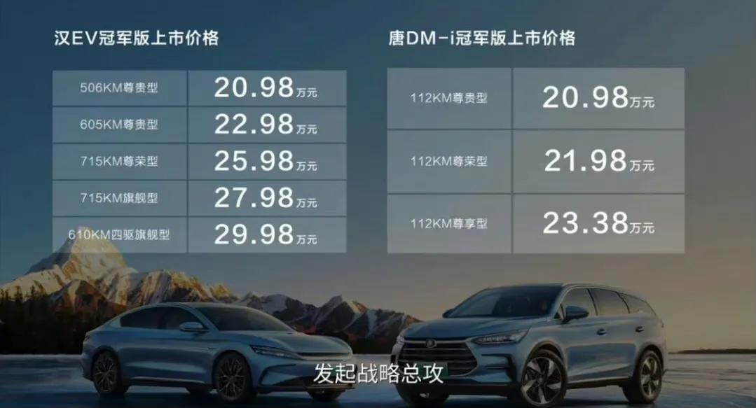 比亚迪两款新车的价格公布！
比亚迪唐DM-i冠军版售价20.98万—23.38万