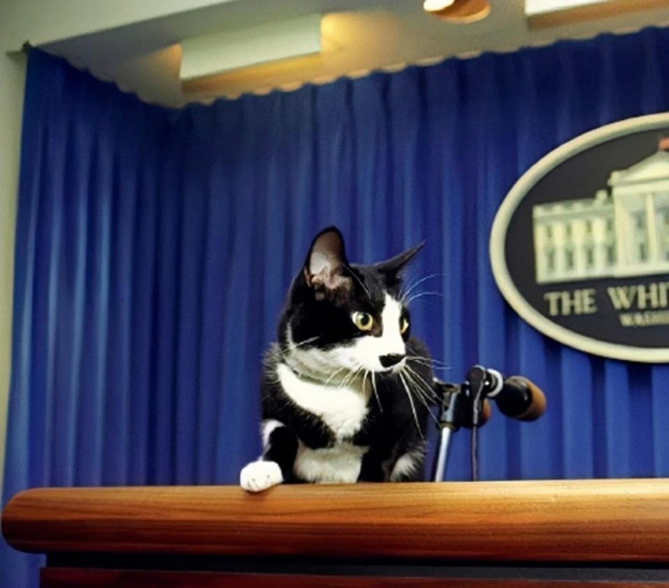 #历史那些事[超话]#1994年，时任美国总统克林顿的牛奶猫“袜子”站在白宫新闻