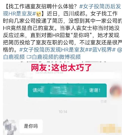 四川成都一女子未离职先找工作，随便投了几家，结果发现其中一家的HR竟然是室友。女