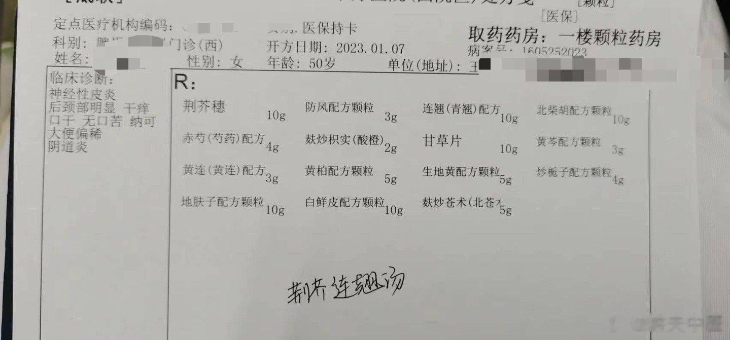 神经性皮炎上周六的病人，说之前的药方吃着挺好的。翻看病例，是 ，主要在后颈部，干