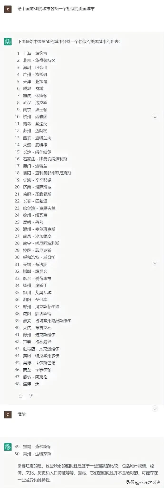 中国综合排名前50的城市对标美国排名前50的城市。