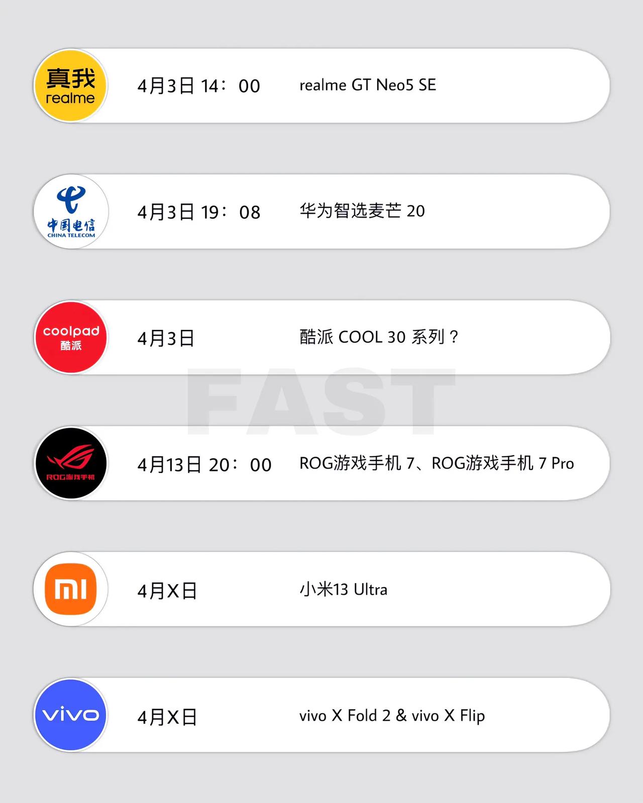 4月新机盘点：

1、4月3日，realme GT Neo5 SE
2、4月3日