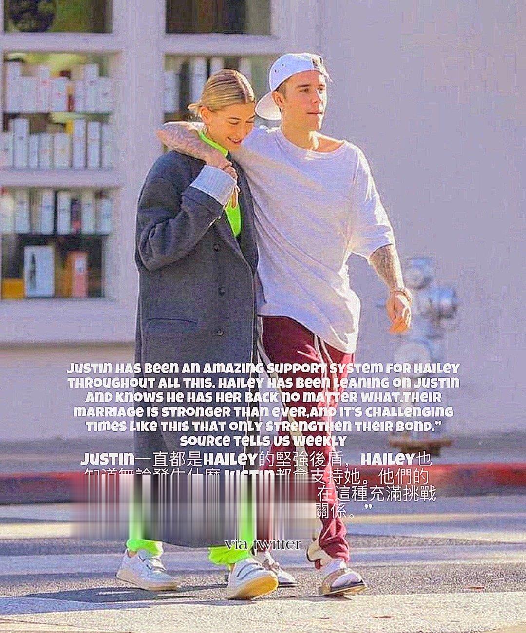  •  UsDaily透露：「Justin一直都是Hailey的堅強後盾，Hai
