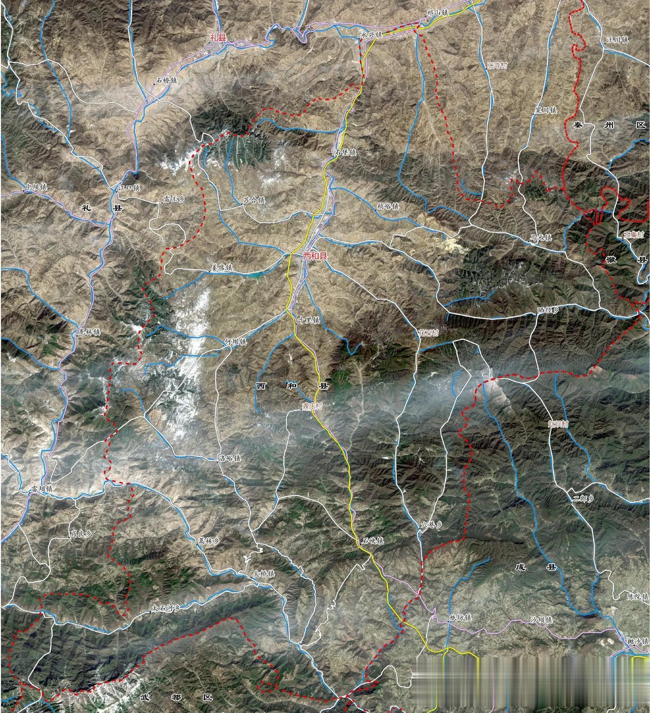 甘肃省西和县影像地图。西和县有个神秘的仇池山，现在是2000余人居住的仇池村。而